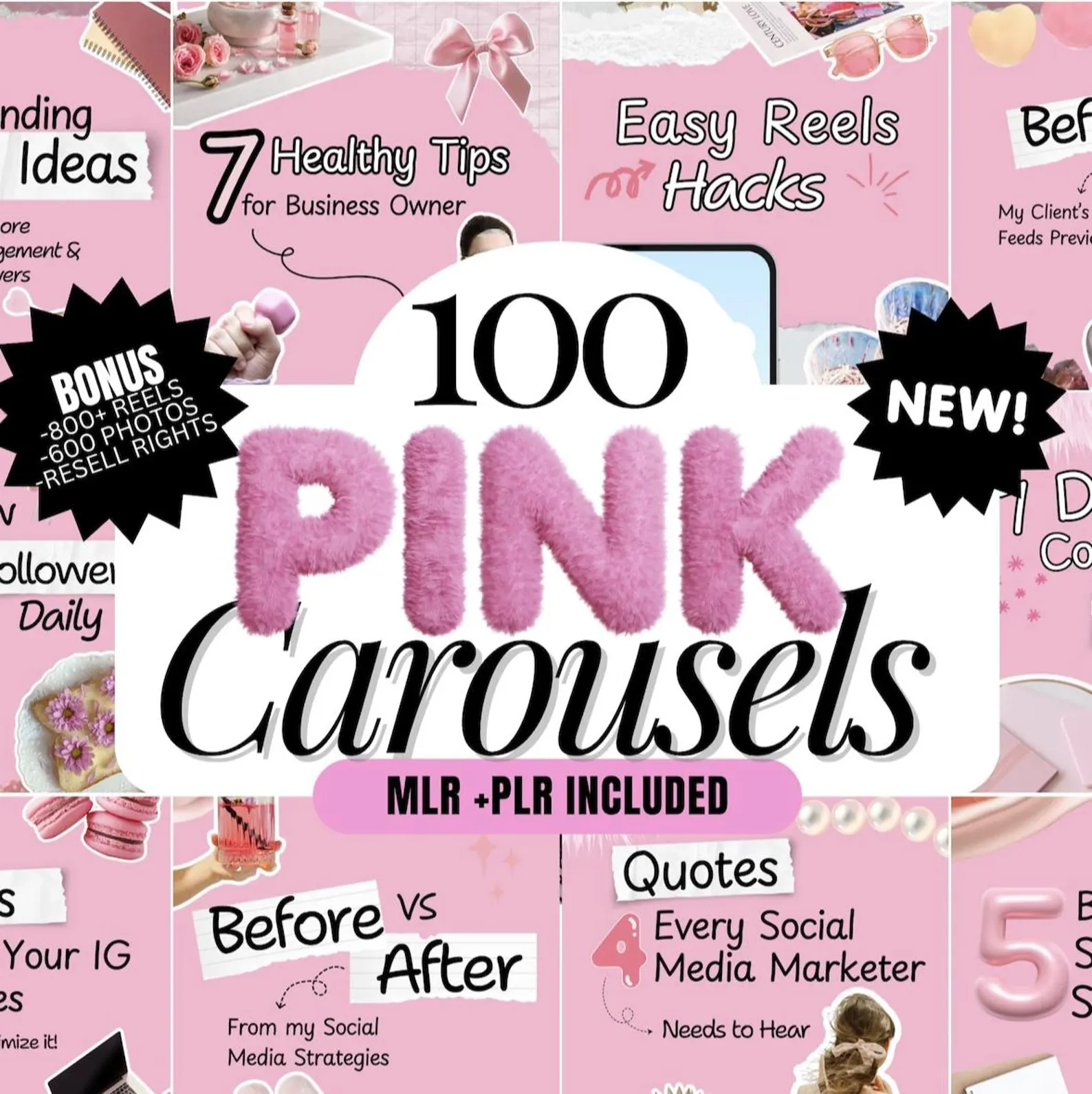 “100 Aesthetic Pink Instagram Carousel Templates editable in Canva for influencers and business owners — modern, feminine social media content bundle with PLR and MRR rights”