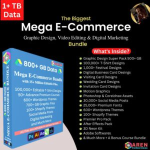 The Ultimate Mega Digital Business Bundle — e-commerce tools, graphic design templates, video editing resources, and marketing assets for building an online business empire.